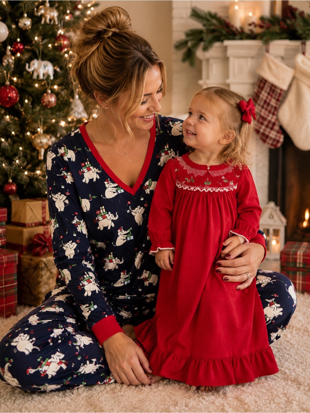 The Beaufort Bonnet Company Navy Holiday Elephant Pajama Set with Red Trim